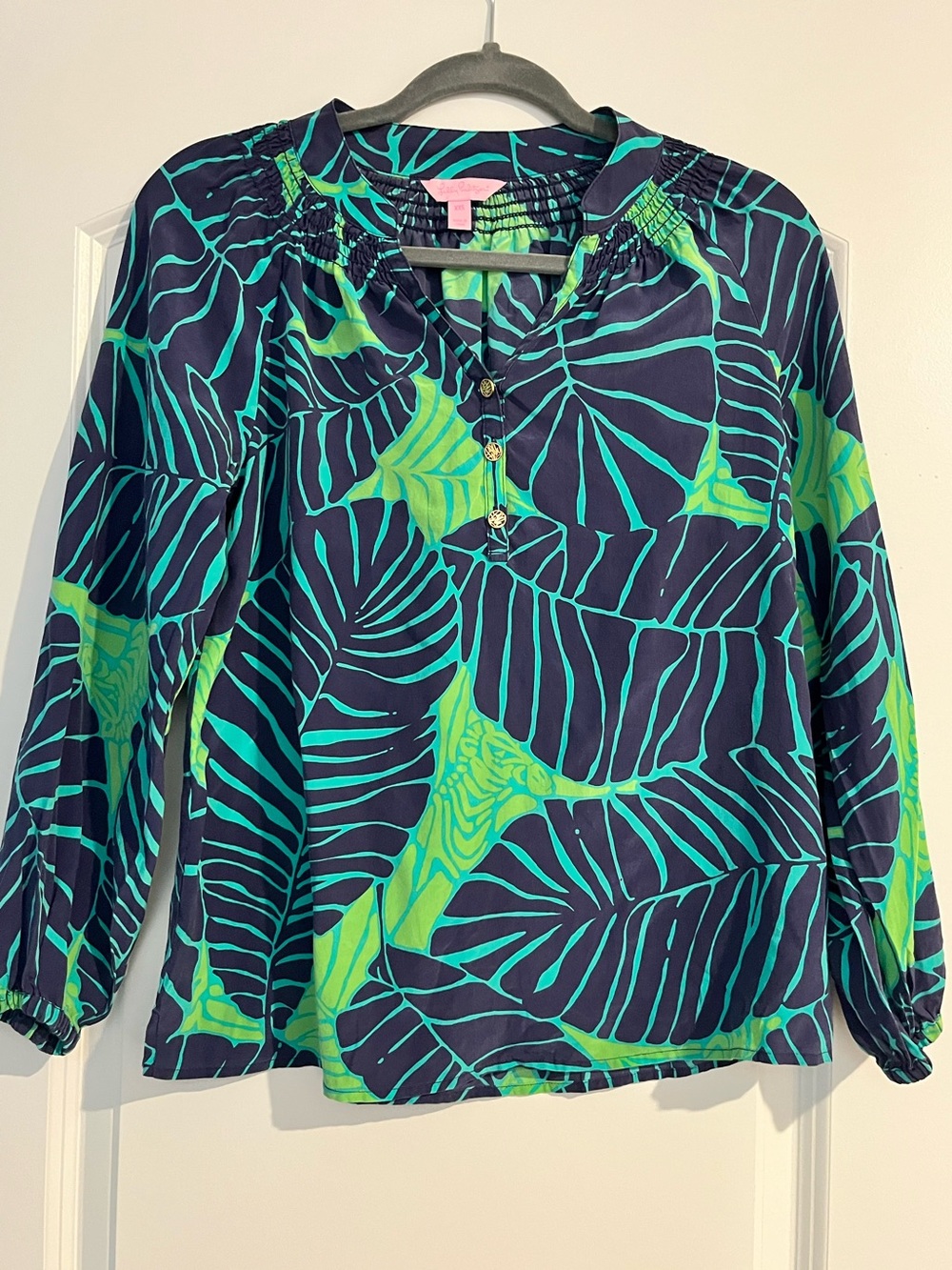 Lilly Pulitzer Long Sleeve Silk Shirt Tunic Palm Print Blue Green Coastal XXS